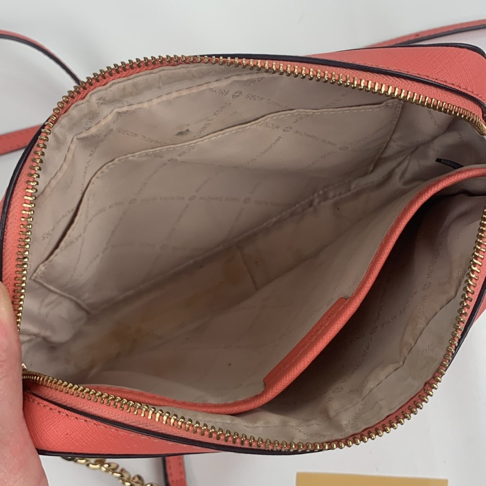Michael Kors Pink Coral Crossbody Bag Gold chain strap Zip close MK shoulder bag - Picture 12 of 16